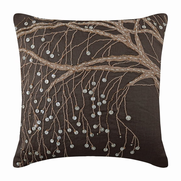 The HomeCentric Throw Pillow Covers, Pack of 2, 22x22 inch (55x55 cm Brown Pillow Cover, Jute Mother Of Pearls Tree Botanical Pillow Cover, Cotton Linen Square Pillow Cover, Floral - Nature Trail