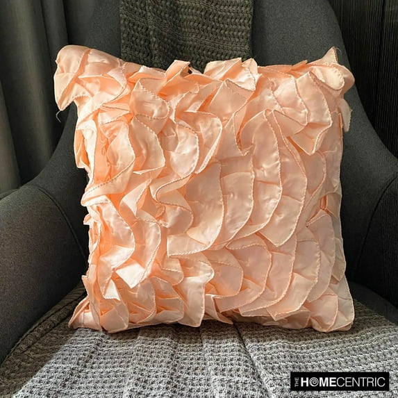 The HomeCentric Toss Pillow Cover Pack of 2 22x22 inch (55x55 cm) Pillow Covers Peach Pillow Covers Vintage Ruffles Shabby Chic Pillows Cover Satin Square Pillows Cover Solid - Vintage Peach Sorbet