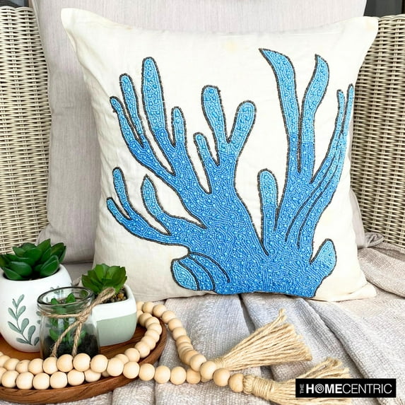 The HomeCentric Toss Pillow Covers Aqua Blue Pack of 2 14x14 inch (35x35 cm) Beaded Cotton Linen Coral Decorative Pillow Covers Throw Pillow Cover For Couch Beach Style Sea Creatures - Coral Treasure