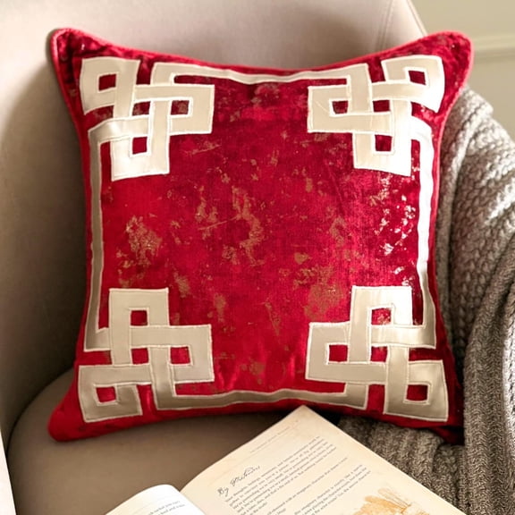 The HomeCentric Toss Pillow Covers, Decorative Red Pack of 2, 22x22 inch (55x55 cm) Throw Pillows For Couch, Velvet Greek & Applique & Foil Cushion Cover, Geometric Pattern, Style Easter - Greek Frame