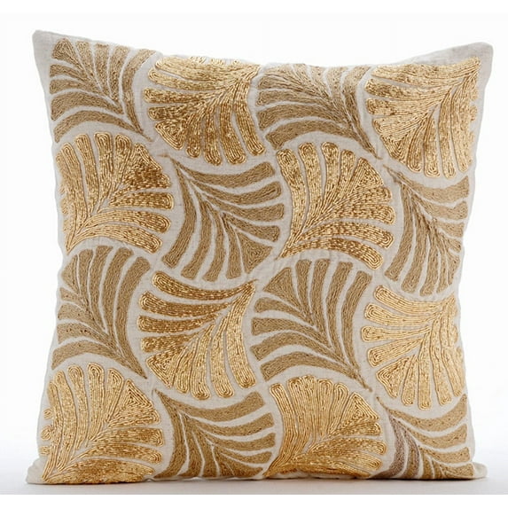 The HomeCentric Toss Pillow Covers, Gold Pack of 2, 22x22 inch (55x55 cm) Square Zardozi Embroidery, Jute Embroidery Decorative Pillow Covers, Contemporary Style, Floral Easter - Gold Ginko Leaves