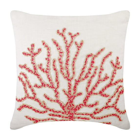 The HomeCentric Toss Pillow Covers, Red Cushion Cover Home Decor Pack of 2, 16x16 inch (40x40 cm) Linen Decorative Sofa Pillow Covers, Coral, Sea Weeds, Beaded, Beach Style - Coral Secrets