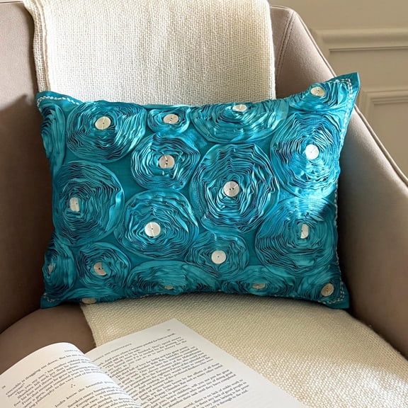 The HomeCentric Turquoise Lumbar Pillow Cover, Ribbon Aqua Rose Flowers Pillows Cover, Pack of 2, 12"x14" (30x35 cm) Lumbar Pillow Cover, Rectangle Silk Lumbar Pillow Cover, Floral - Aquamarine Roses