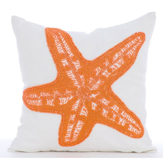The HomeCentric White Accent Pillow Beaded Orange Starfish Nautical Ocean Beach Theme Pillow Cover Pack of 2 14x14 inch (35x35 cm) Throw Pillow Cover Linen Floral Mediterranean Sea - Starfish Makeover