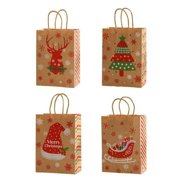 HomeCozy 12Pcs Christmas Gift Handbag with Handle Thick Heavy Duty Kraft Paper Elk Sleigh Tree Hat Pattern Reusable Grocery Treat Candy Party Favor Present Packaging Bag