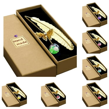 HomeCozy Bookmark Vintage Metal Feather Bookmark Realistic 3D Butterfly Pendant Dried Flower Book Lovers Teachers Gift Book Accessories with Gift Box