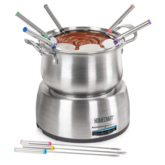 HomeCraft Stainless Steel Fondue Set, 8-Cup Electric Fondue Pot with 8 Color-Coded Dipping Forks