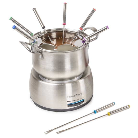 HomeCraft Stainless Steel Fondue Set, 8-Cup Electric Fondue Pot with 8 Color-Coded Dipping Forks