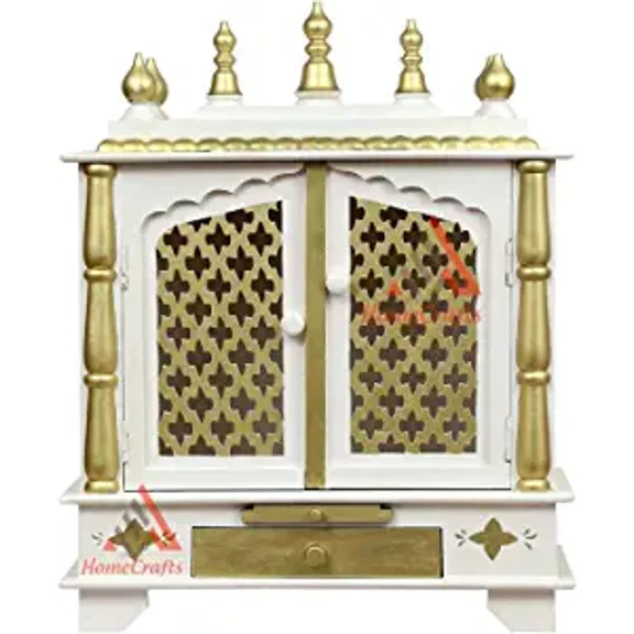 HomeCrafts Hand Painted Wooden Religious Home Temple with Doors, Side LED Lights (White, Large/24x12x30 Inch)