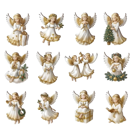 HomeDM 12 Pcs Christmas Wooden Angels Ornaments Xmas Tree Hanging Pendant for Christmas Party Decor 2D Wood Rustic Christmas Ornaments Hanging Small Angels