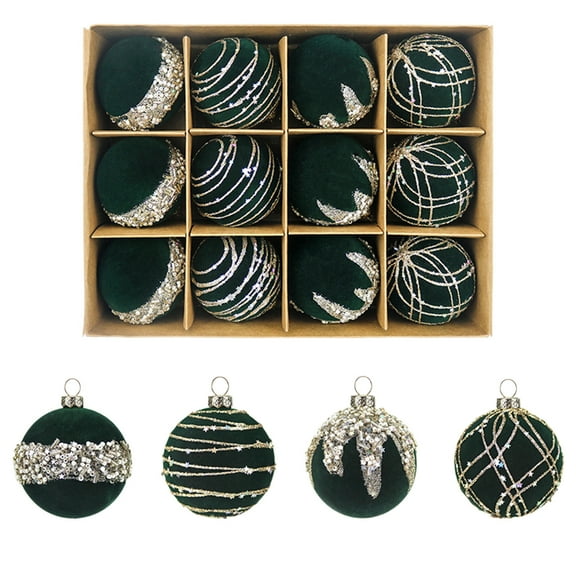HomeDM 12Pcs Velvet Christmas Balls Green Flocked Ornaments Balls for Christmas Tree Shatterproof Hanging Xmas Balls 6cm/2.36" Velvet Balls for Christmas Wreath Wedding Party Decorations