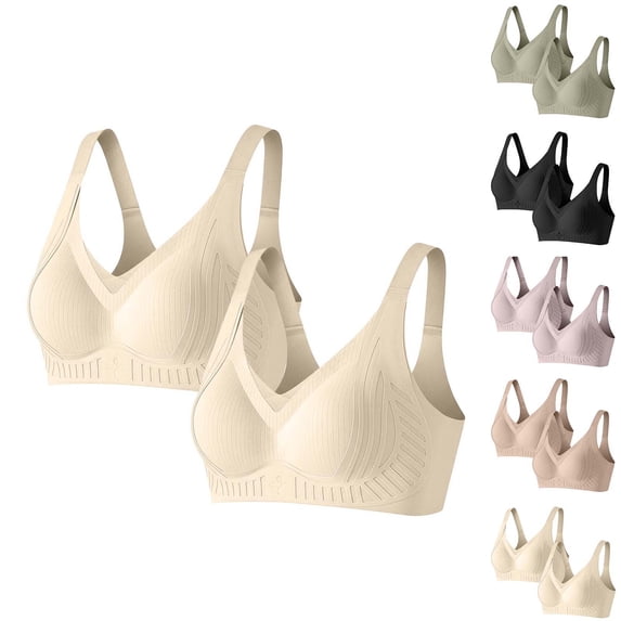 HomeDM 2 Pack Womens Seamless Bras Full Coverage No Underwire Supportive T-Shirt Bras Comfort Push Up Bralettes, Beige, L