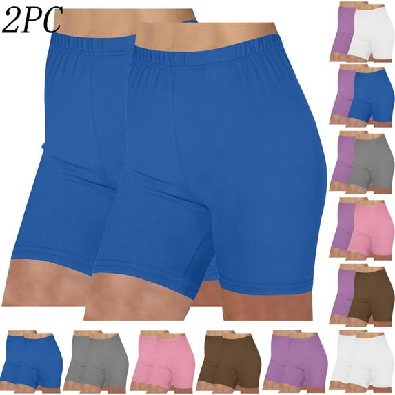 HomeDM 2 Pack Womens Yoga Biker Shorts - Active Soft High Waist Workout Gym Running Shorts Solid Color Leggings Pants for Casual Summer - Blue/L