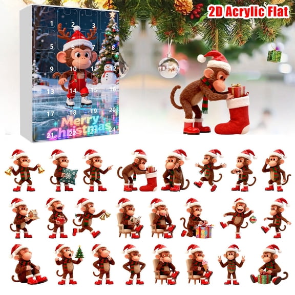 HomeDM 2025 Monkey Christmas Advent Calendar, Xmas Countdown Calendar with 24 Pcs 2D Flat Acrylic Monkey Ornaments Xmas Gifts Christmas Tree Pendants Decor