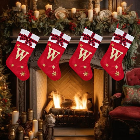 HomeDM 26 Letter Christmas Stockings, 17 Inch Red Xmas Stockings Ornaments for Xmas Tree Hanging Stocking Festive Party Dinner Table Home Decor
