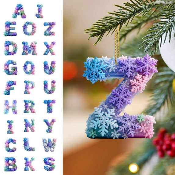 HomeDM 26 Letter Ornaments - Christmas Snowflakes Tree Personalized Hanging Pendant 2D Flat Acrylic Xmas Alphabet Letters Winter Decorative for Christmas Tree Gifts for Family Friends