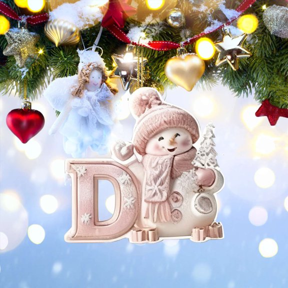 HomeDM 26 Letter Ornaments for Christmas Tree Decor Cute Christmas Snowman Initial Alphabet Hanging Pendant 2D Flat Acrylic Ornaments for Christmas Tree Wedding Party Garland Decor White Letter D