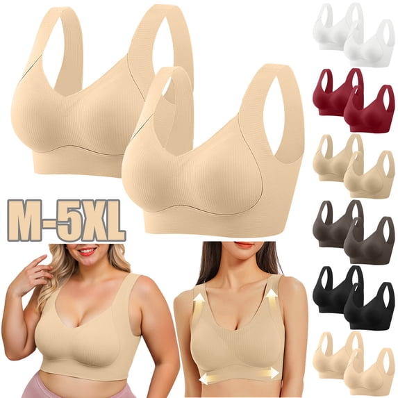 HomeDM 2Pcs Beige Plus Size Womens Wireless Bras Full Coverage Push Up Medium Support Sports Bras Seamless Wirefree Everyday Bra No Underwire Comfort Bralette Tank Top M-5XL