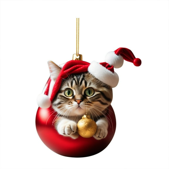 HomeDM 2Pcs Cute Cat Christmas Ornaments, Funny 2D Acrylic Xmas Tree Hanging Pendants Xmas Gifts for Cat Lovers Home Decor Ornament for Christmas Tree Wall Holiday Party