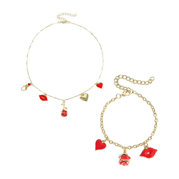 HomeDM 2Pcs Valentine's Day Gift Alloy Jewelry for Bride Women Bridesmaid Necklace Bracelet Wedding Ornament for Gift