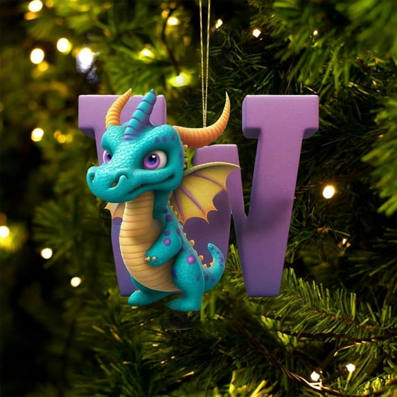 HomeDM 3.15" Cartoon Dinosaur Ornaments, 2D Flat Acrylic Hanging Pendant Xmas Tree Wreaths Home Decor, 26 Letter Christmas Ornaments Key Chain, Gift Wrapping, Letter W