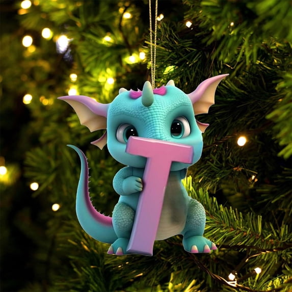 HomeDM 3.15" Cartoon Dinosaur Ornaments, 2D Flat Acrylic Hanging Pendant Xmas Tree Wreaths Home Decor, 26 Letter Christmas Ornaments Key Chain, Gift Wrapping, Letter T