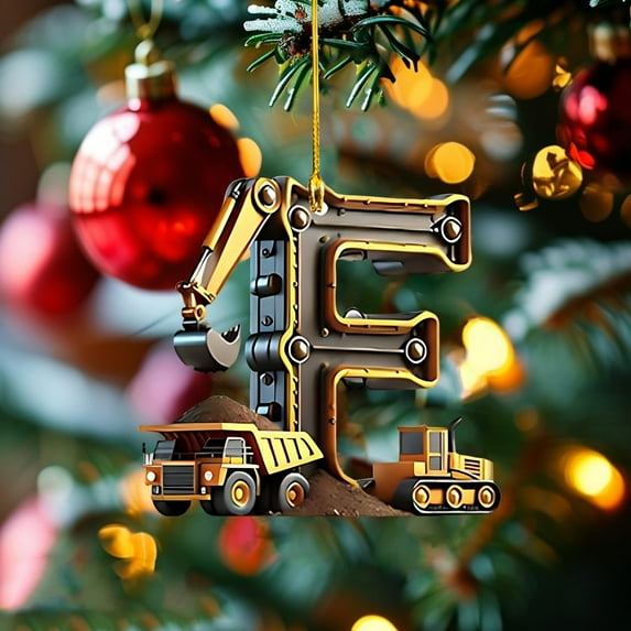 HomeDM 3.15" Christmas Construction Ornaments, 26 Letters Ornaments for Christmas Tree, Funny A to Z Alphabet Xmas Pendant Key Chain, Gift Wrapping, Excavator Gift, Letter F