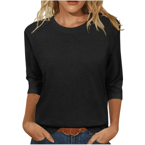 HomeDM 3/4 Length Sleeve Tops for Women Summer Crew Neck Solid Color Pullover Shirts Loose Fit Business Work Tunic Tops - Black/S