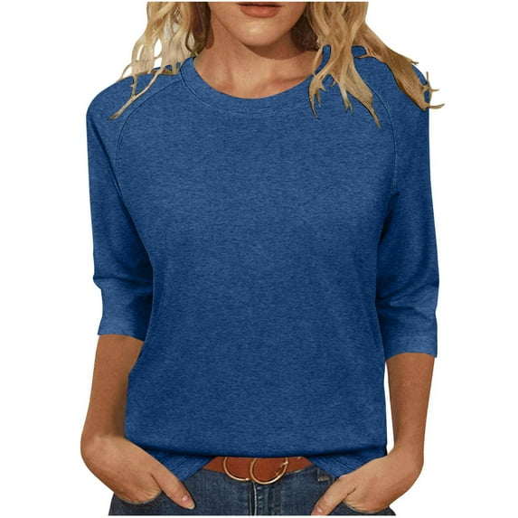 HomeDM 3/4 Length Sleeve Tops for Women Summer Crew Neck Solid Color Pullover Shirts Loose Fit Business Work Tunic Tops - Blue/2XL