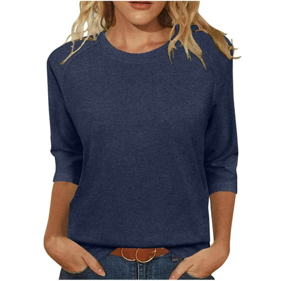 HomeDM 3/4 Length Sleeve Tops for Women Summer Crew Neck Solid Color Pullover Shirts Loose Fit Business Work Tunic Tops - Navy/2XL