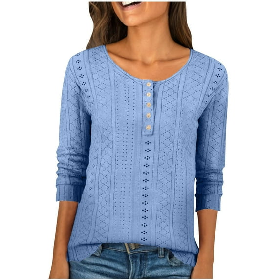 HomeDM 3/4 Sleeve Shirts for Women, Button Down Crew Neck Summer Casual Pullover Tops Solid Color - Blue/XL