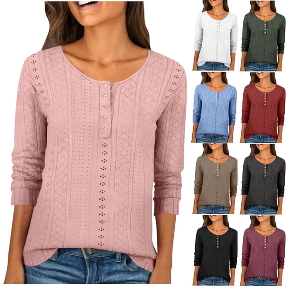 HomeDM 3/4 Sleeve Shirts for Women, Button Down Crew Neck Summer Casual Pullover Tops Solid Color - Pink/2XL