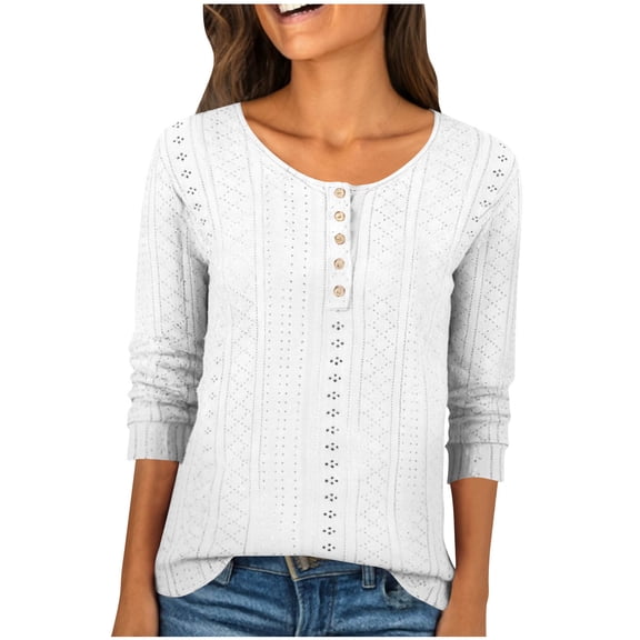 HomeDM 3/4 Sleeve Shirts for Women, Button Down Crew Neck Summer Casual Pullover Tops Solid Color - White/2XL