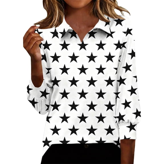 HomeDM 3/4 Sleeve Shirts for Women, Collared V Neck Dressy Pullover Tops Causal Loose Fit Work Blouses, Star Print - White/L