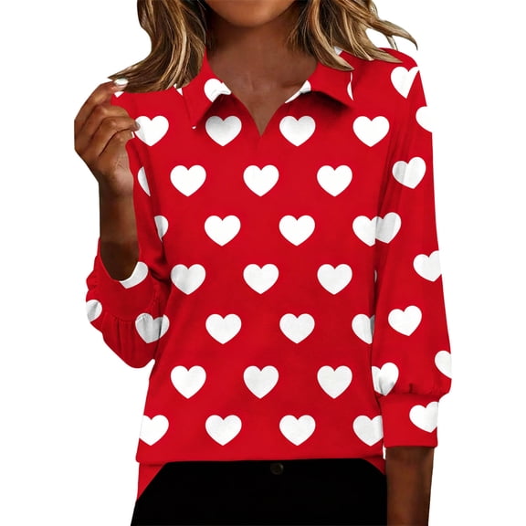 HomeDM 3/4 Sleeve Shirts for Women, Heart Pattern Collared V Neck Causal Pullover Tops - Red/XL