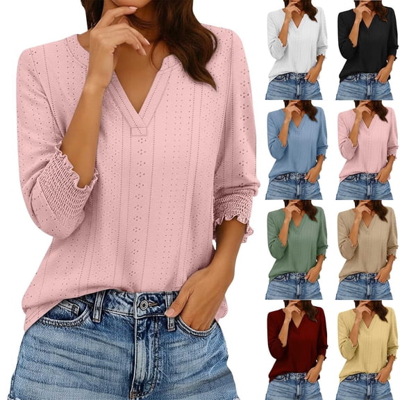 HomeDM 3/4 Sleeve Smocked Cuffs Shirts for Women V-Neck Work T Shirts Casual Loose Fit Tops, Pink