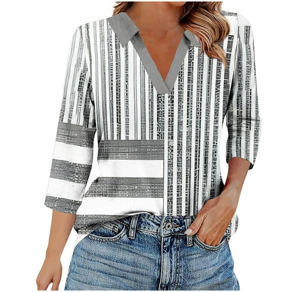 HomeDM 3/4 Sleeve Tops for Women Summer Fall Trendy V Neck Blouses Dressy Casual Beach Vacation Workout T-Shirts S-2XL