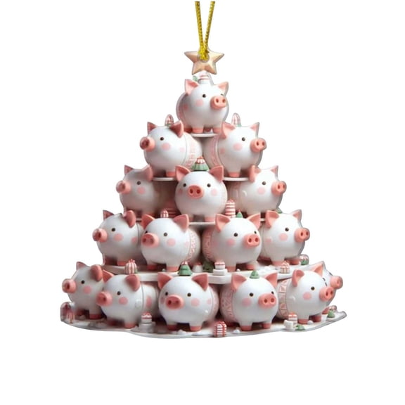 HomeDM 3.54in Cute Animal Christmas Tree Ornament, 2D Acrylic Stackable Pig Animal Home Decor Hanging Ornament for Christmas Tree Wall Crafts Holiday Party
