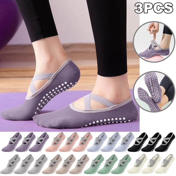 HomeDM 3 Pairs Yoga Socks for Women, Pilates Socks with Grips Straps for Ballet Dance Workout, Multicolor