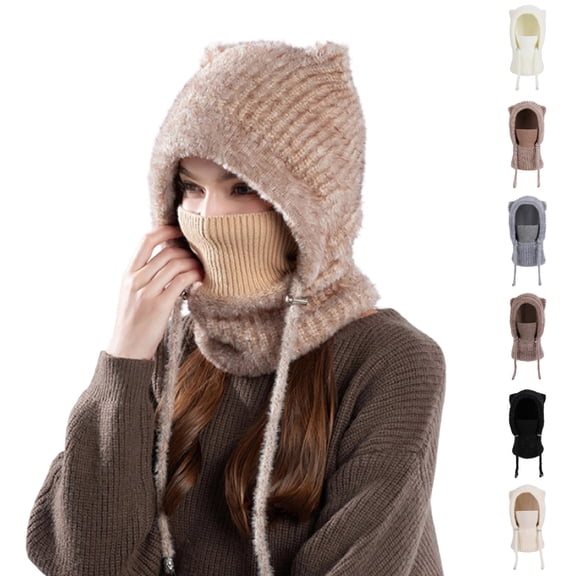 HomeDM 3 in 1 Cold Resistant Beanie Hat - Khaki Womens Winter Beanie Hat Knitted Warm Thick Scarf Cap Gifts for Women