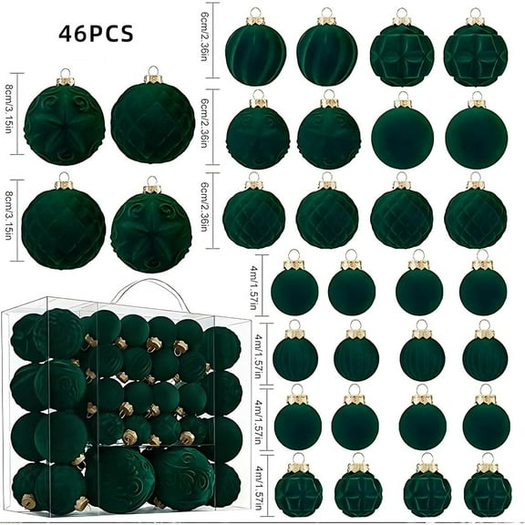 HomeDM 46PCS Velvet Christmas Balls Ornaments Army Green Flocked Balls Christmas Tree Decorations Shatterproof Hanging Pendant for Xmas Tree Holiday Home Decor
