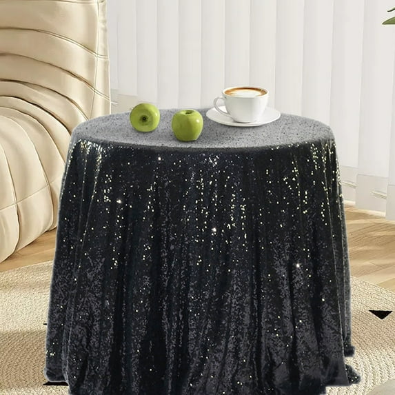 HomeDM 47 Inch Round Sequin Tablecloth, Sparkly Overlay Round Glitter Table Cover for Wedding Party Birthday Xmas Decoration Black