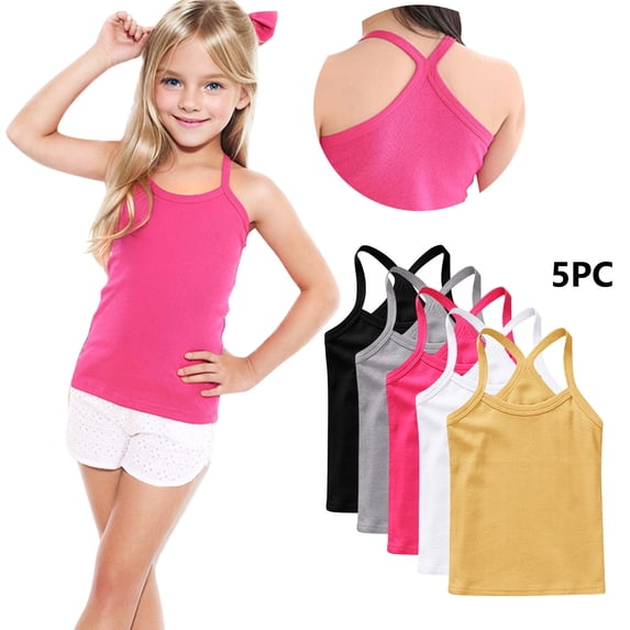 HomeDM 5 Pack Girls Tank Tops Kids Girls Scoop Neck Undershirts Sleeveless Soft Cotton Racerback Crop Dance Tank Tops for Gymnastics Ballet
