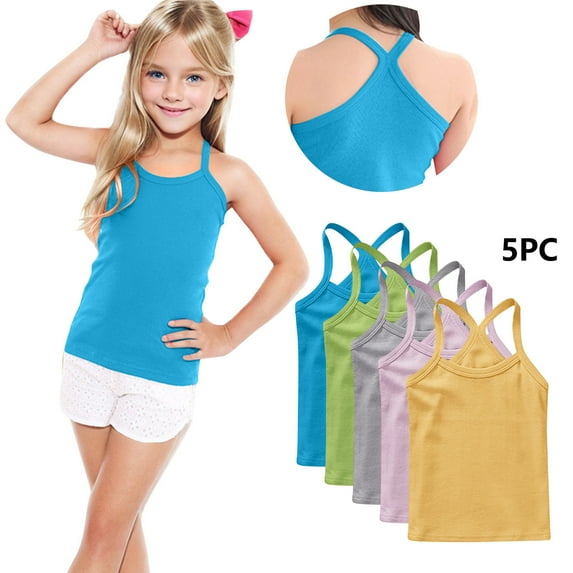 HomeDM 5 Pack Girls Tank Tops Soft Cotton Cami Scoop Neck Undershirts Solid Color Sleeveless Undershirts for Toddler Girls, Sizes 12Months-13Years