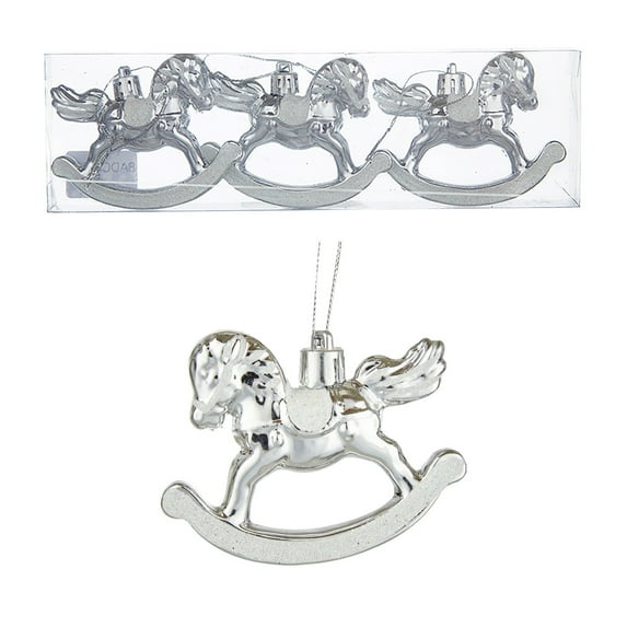 HomeDM 6Pcs Christmas Rocking Horse Plastic Ornaments Hanging Pendant for Christmas Tree Decorations Keepsake Gifts for Women Men Holiday Party Decor Silver 3.15"x2.36"