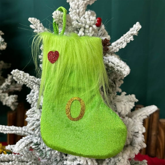 HomeDM 7" Green Mini Christmas Stocking 26 Letter Xmas Ornaments for Christmas Tree Decor Hanging Stockings for Mantels, Christmas Tree Family Holiday Decor