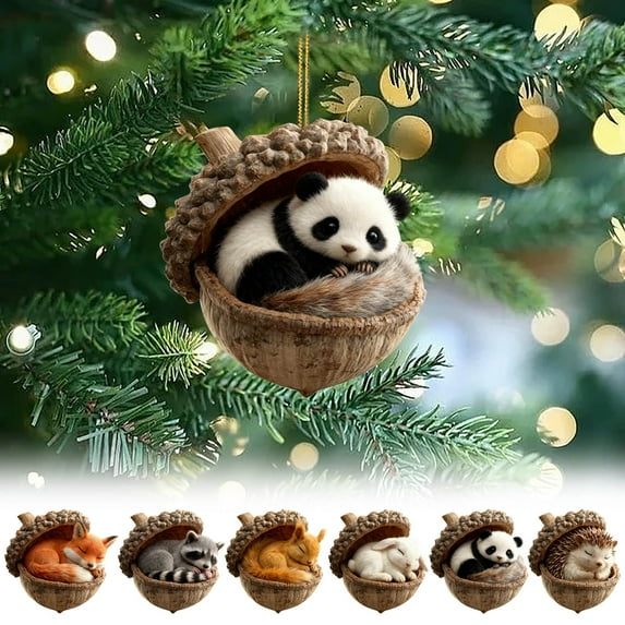HomeDM Animal Acorn Ornaments - 2D Flat Acrylic Forest Animal Christmas Tree Hanging Pendant Animal Decoration Christmas Ornament for Home Decor