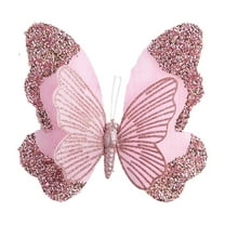 HomeDM Artificial Butterfly Pink Glitter Butterflies Christmas Ornaments for Christmas Tree Wreath Birthday Party Decor Christmas Butterflies with Clip