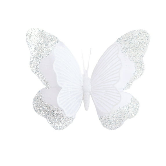 HomeDM Artificial Butterfly White Glitter Butterflies Christmas Ornaments for Christmas Tree Wreath Birthday Party Decor Christmas Butterflies with Clip