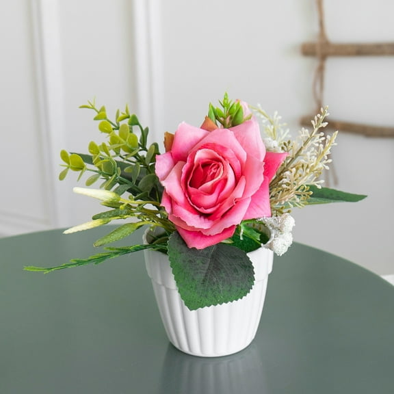 HomeDM Artificial Flowers in Vase, Mini Faux Pot Flower for Home Bathroom Table Living Room Office Kitchen Decor Small Fake Colorful Greenery Tabletop Decoration